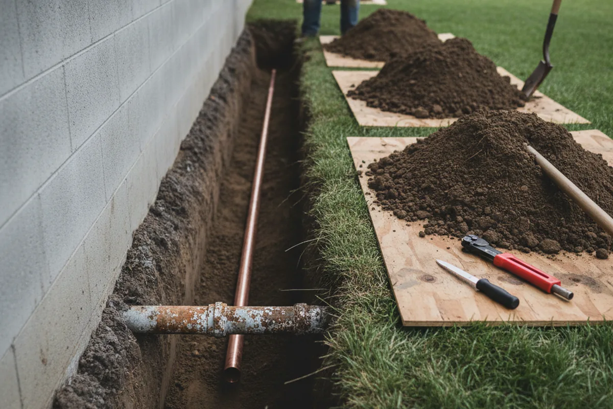 Excavated water line trench during Sewer Line Repair in Fort Drum